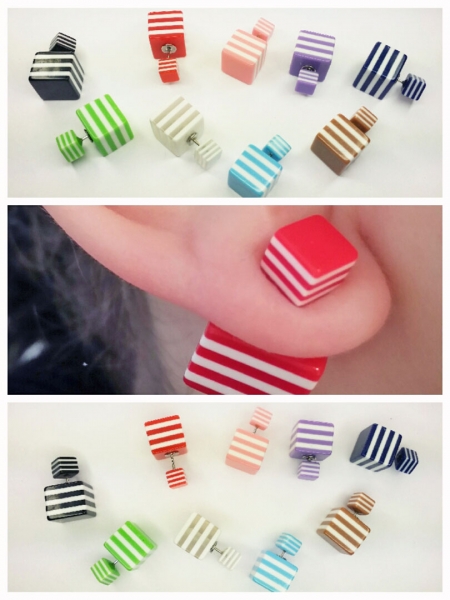 Eckig bunt Gestreifte Doppelkugel-Ohrstecker